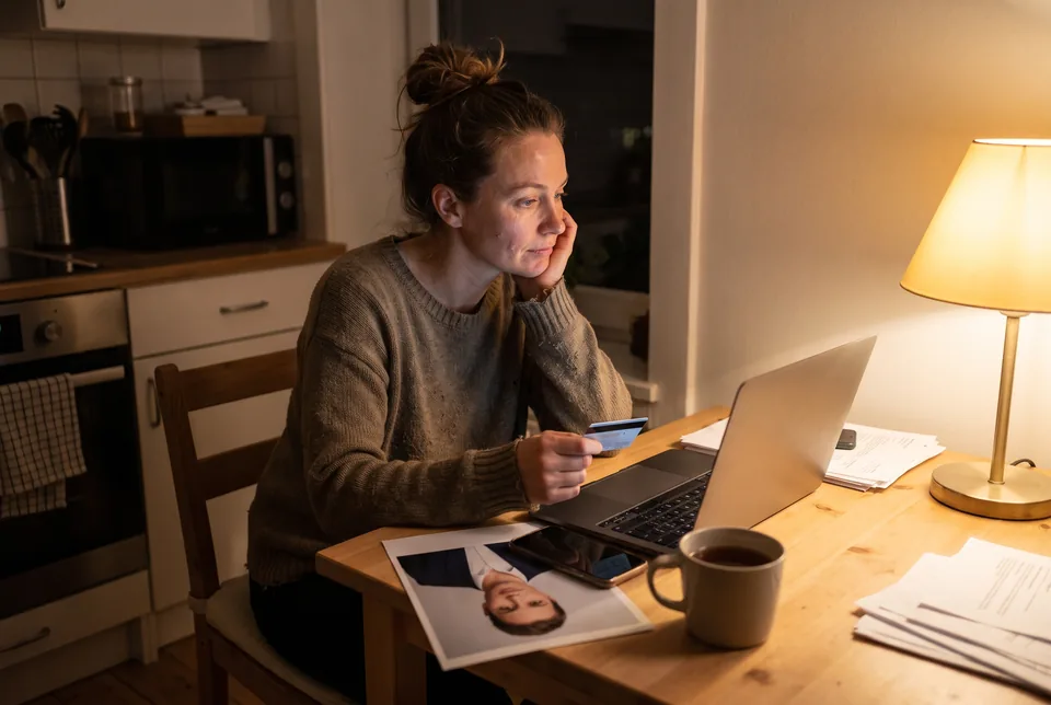 Person reviewing a profile on a laptop late in the evening before approving it