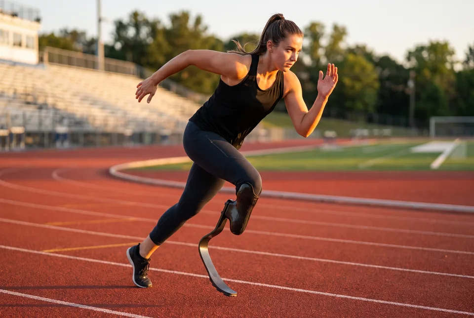 Athlete with a running prosthesis sprinting on a track