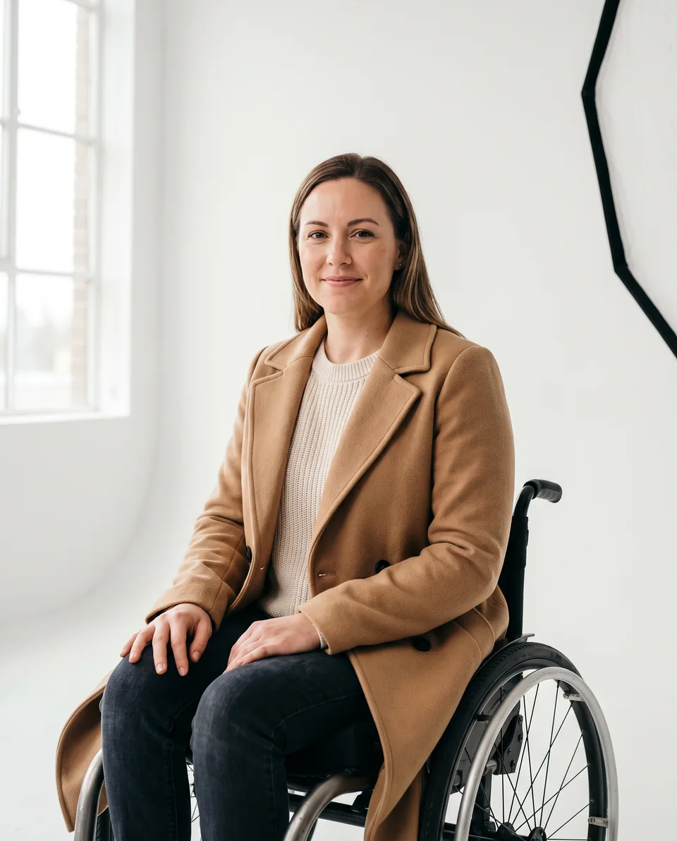 Model in a wheelchair in a camel coat in a bright studio
