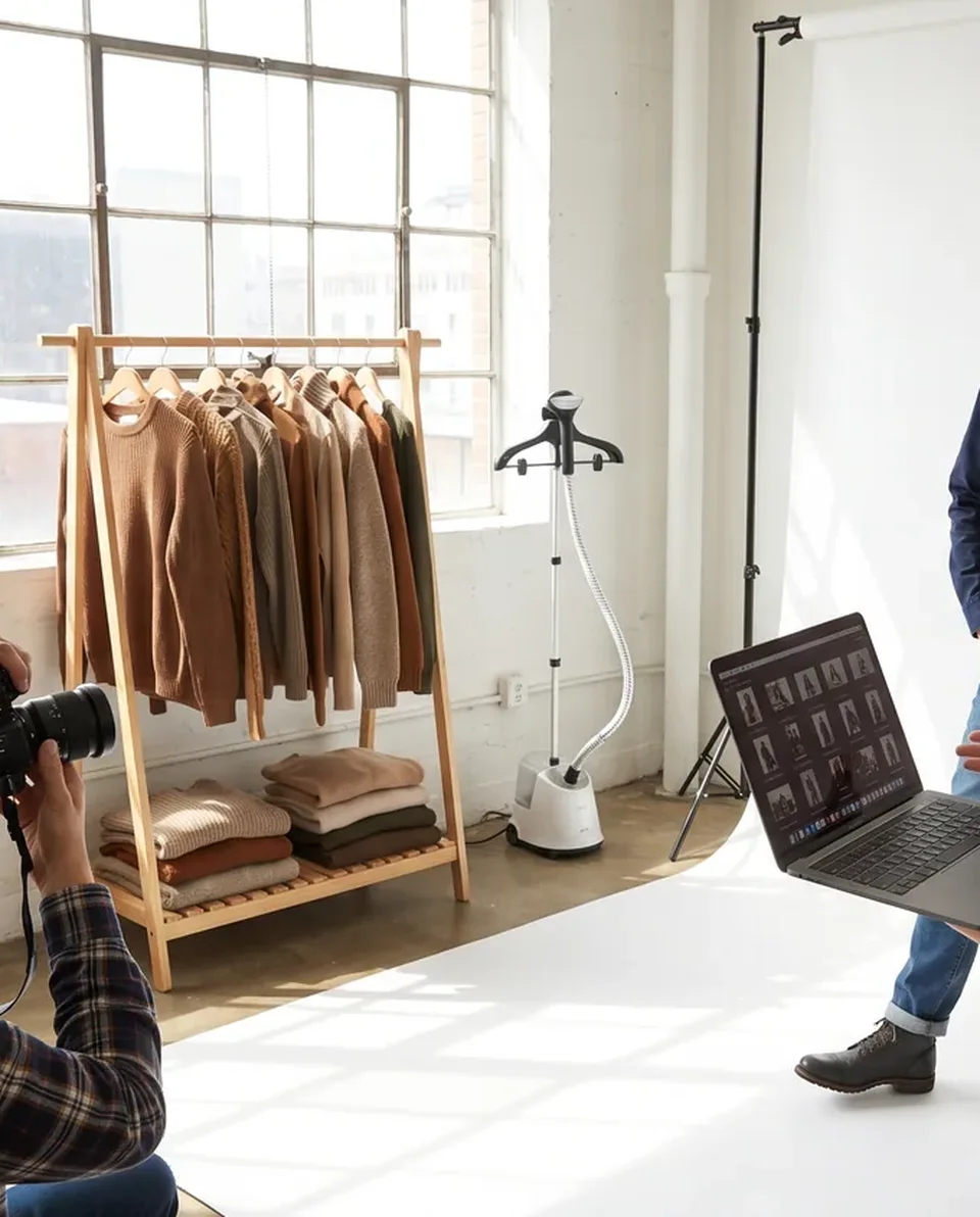 Model who uses a wheelchair on a catalog shoot in a white studio