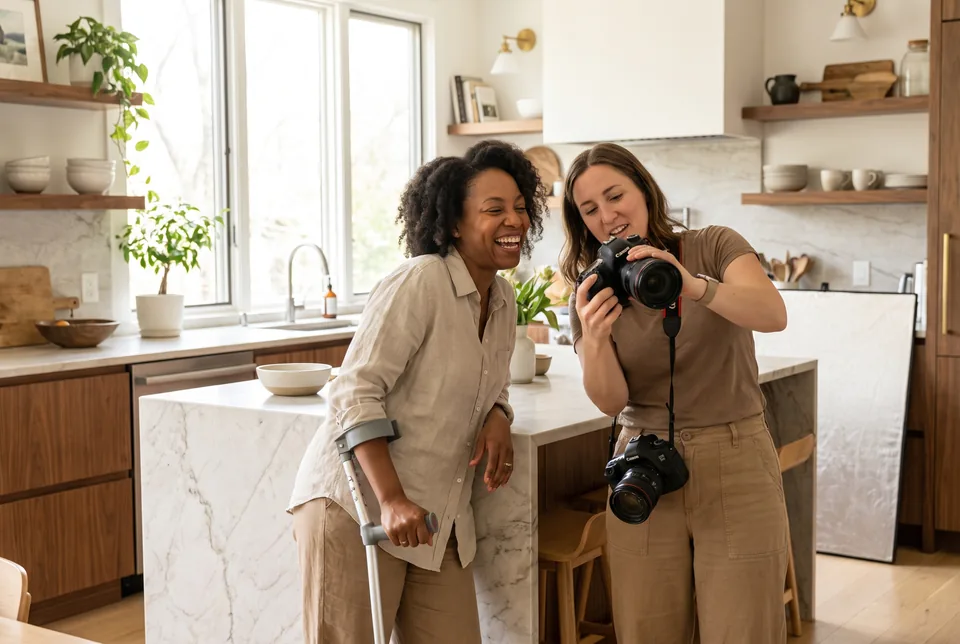 Model working on a commercial set with a small crew