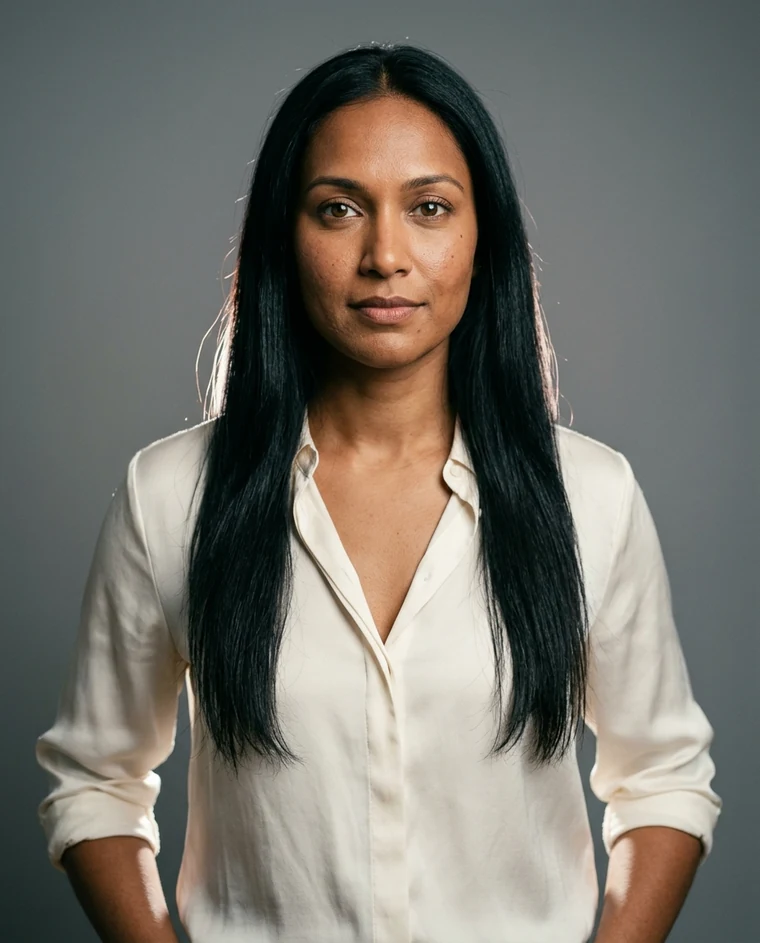 Editorial studio portrait of an adult performer cast through a verified casting process