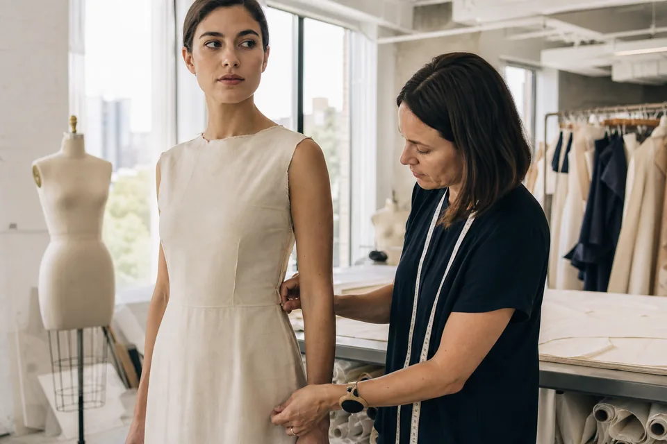 Fit model in a sample dress while a technical designer pins the side seam in a design studio