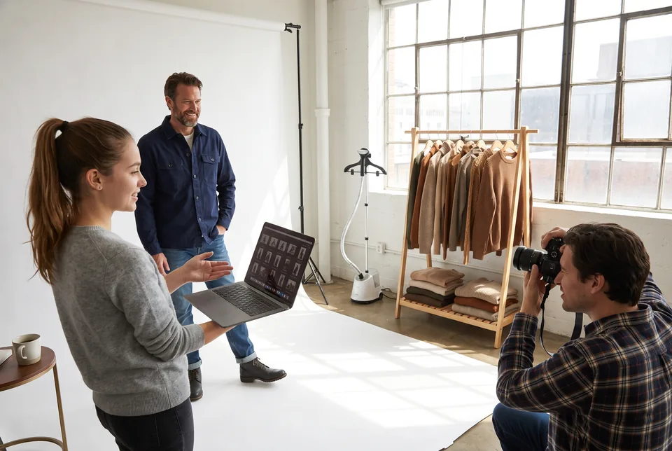 Model on a studio set checking the frames with the photographer