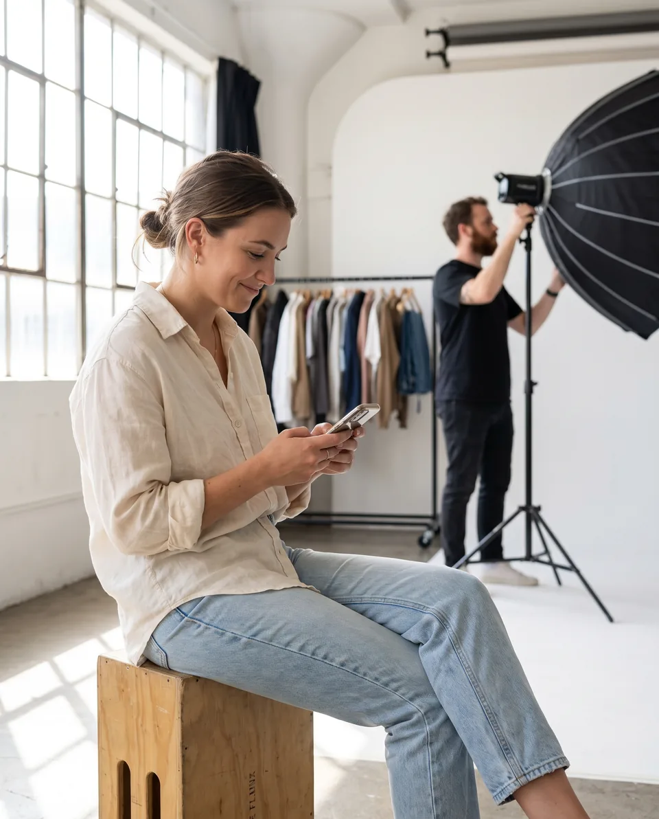 Model sitting on an apple box on a commercial set between setups