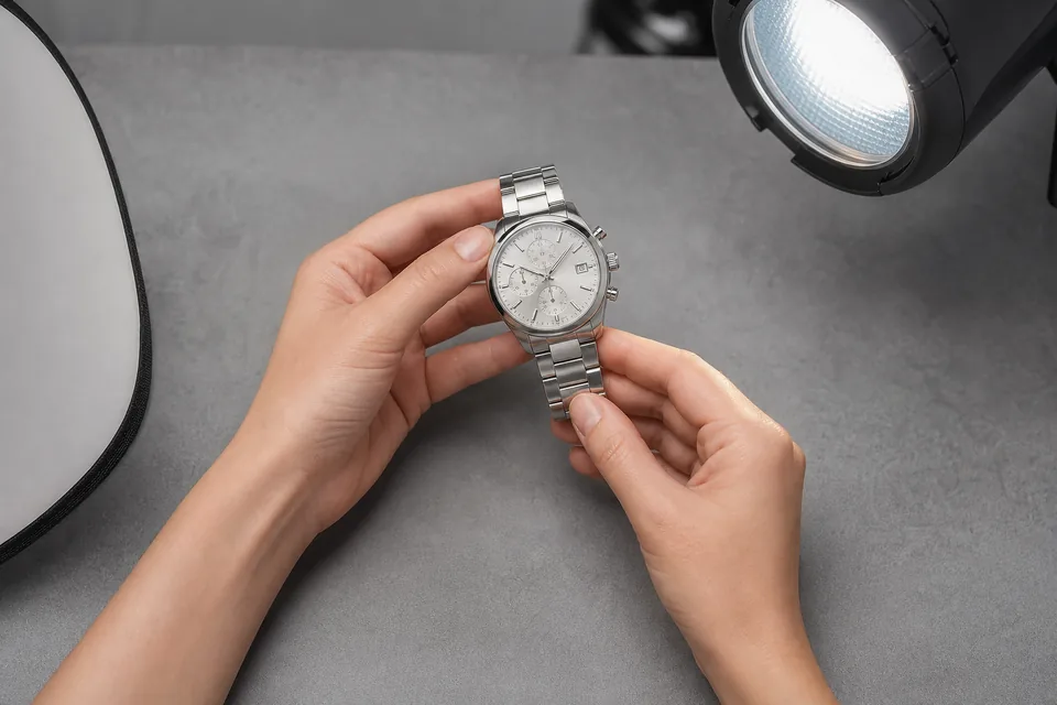Hand model holding a wristwatch on a tabletop product set under a studio light