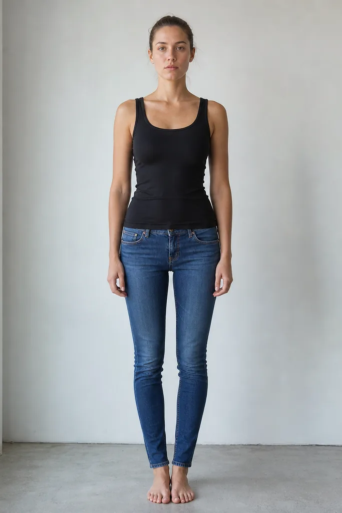 Model digitals front full-length shot of a woman in a fitted black tank top and jeans against a white wall