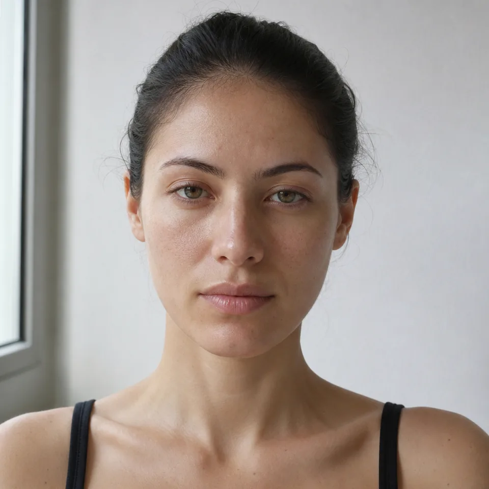 Model digitals close-up headshot with no makeup and hair pulled back