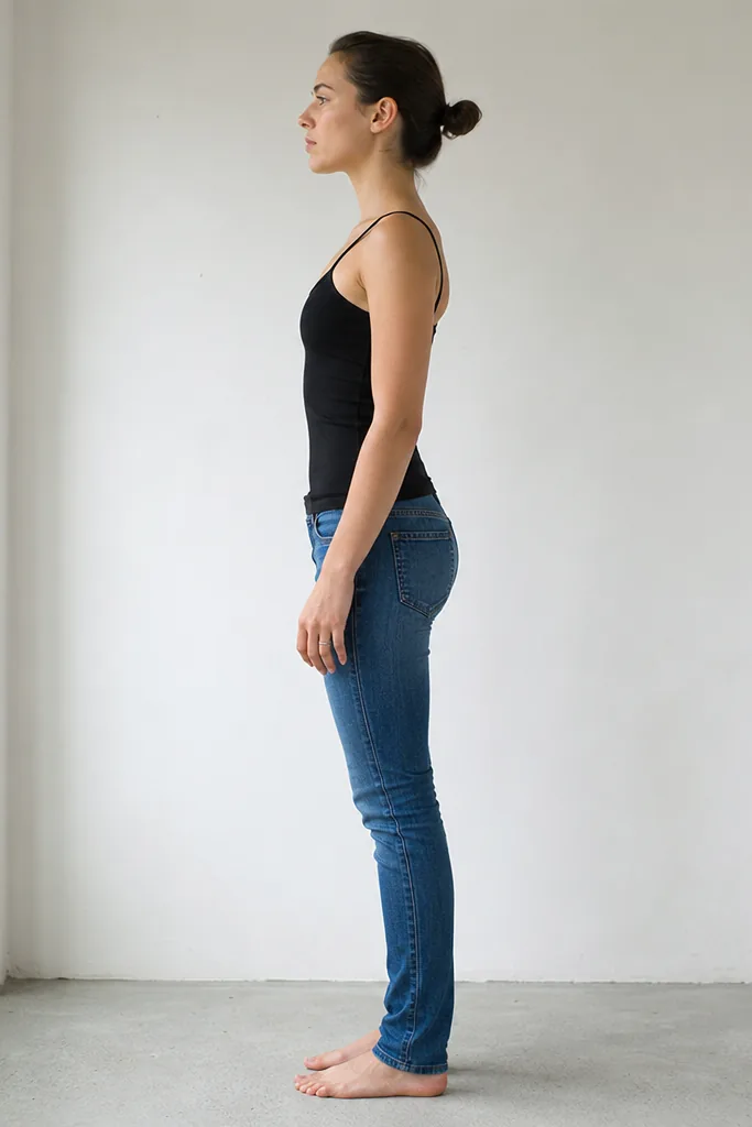 Model digitals side profile full-length shot against a white wall