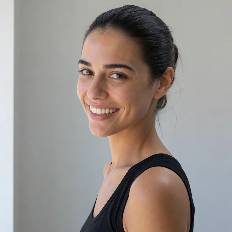 Model digitals smiling three-quarter headshot against a white wall