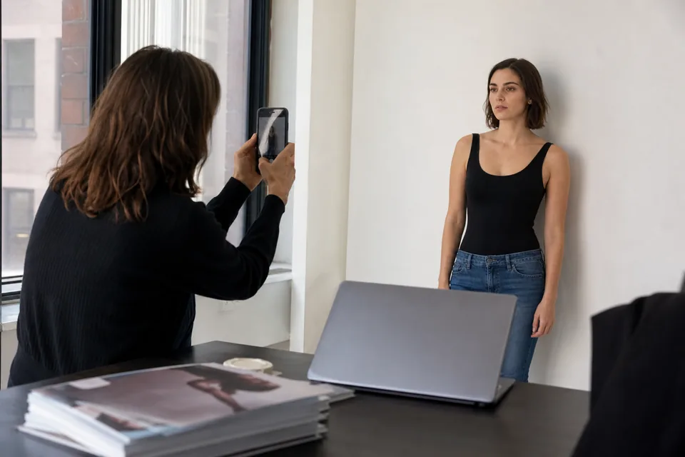 Agency booker taking digitals of a model against a white wall during an open call