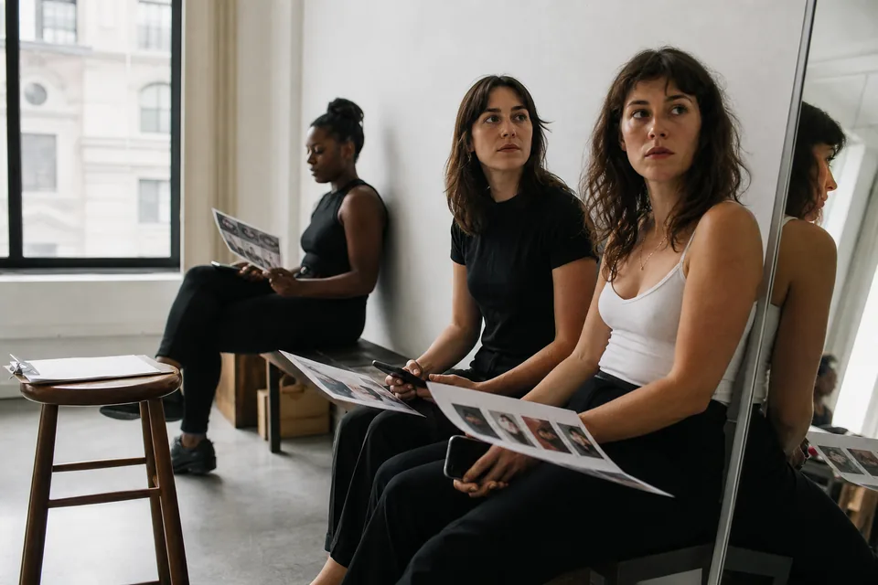 Three models waiting on a bench at a studio casting with comp cards in hand