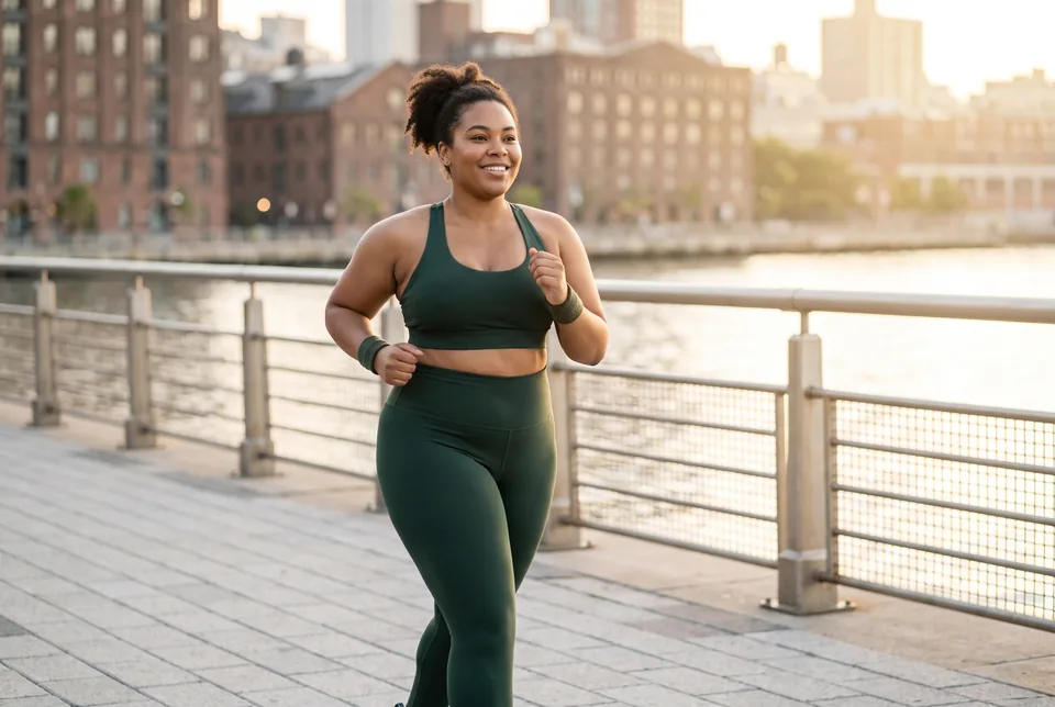 Plus size model in activewear on a waterfront shoot